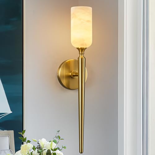 Natural Alabaster Wall Sconce Modern Gold Wall Light Bathroom Sconce Wall Decor Antique Marble Sconces Wall Lighting for Bedroom Living Room Entryway Hallway Staircase