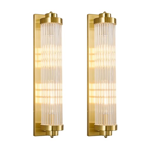 Gold Wall Sconces Set of Two with Crystal Glass Strip Bathroom Sconces 2 Light E12 Base Modern Wall Lights for Bedroom Living Room Hallway Wall Light Fixtures (2 Count)
