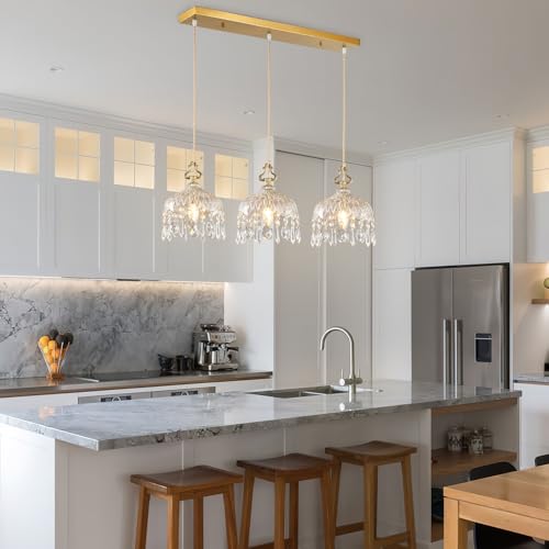 3 Light Pendant Light Fixtures Brass Vintage Glass Pendant Lights Crystal Hanging Light Fixtures (3 Count)