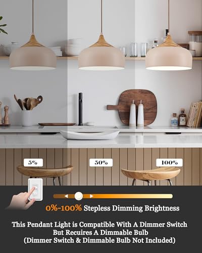 12 Inch Modern Japandi Pendant Light for Kitchen Island Farmhouse Hanging Lamp with Faux Pine Wood Grain Metal Shade