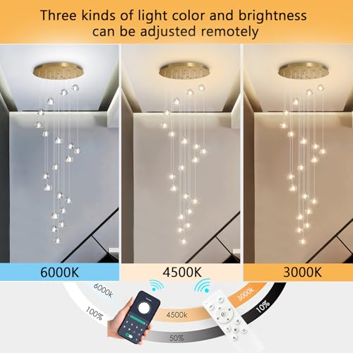 LED Glam Chandelier 138 inches Long Light Luxury Crystal Ceiling Chandeliers Remote Dimmable High Ceiling Pendants Lighting Fixtures Gold 20 Lights