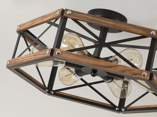 6 Light Large Rustic Farmhouse Wood Flush Mount Ceiling Light Fixture 20 inch Oak Wood and Metal Cage Semi Flush Mount Ceiling Light for Hallway Entry Dining Farmhouse Bedroom Living Room