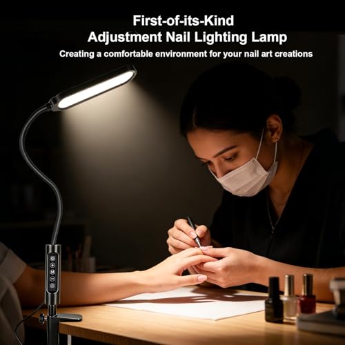 LED Manicure Table Lamp for Nail Techs 360°Adjustable Gooseneck Arm Professional Nail Desk Light Dimmable 3 Color Temps for Gel Nails Art
