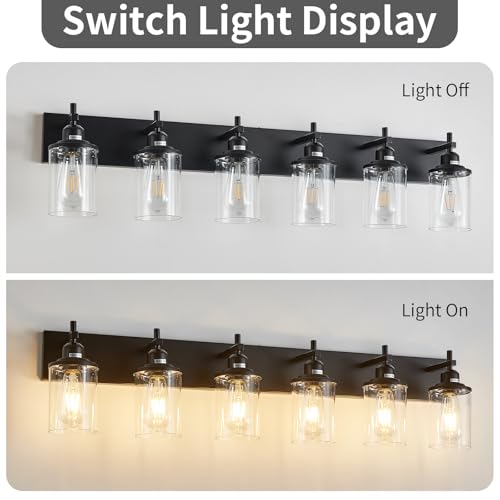 6 Light Black Bathroom Light Fixture Over Mirror Modern Farmhouse Bathroom Vanity Light Vintage Wall Lighting with Clear Glass Shade for Bathroom