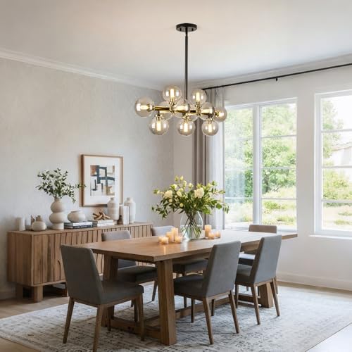 11 Light Black Gold Sputnik Chandelier with Grey Glass Globe Bubble
