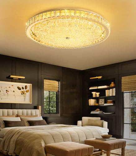 24" Modern Crystal Chandelier Dimmable LED Flush Mount Ceiling Light with Remote Control for Bedroom Hallway Dining Room Gold