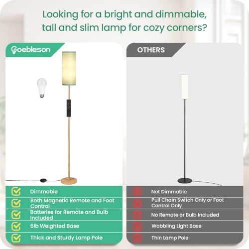 Wooden Textured Tall Slim Floor Lamp for Living Room with Remote and Foot Switch