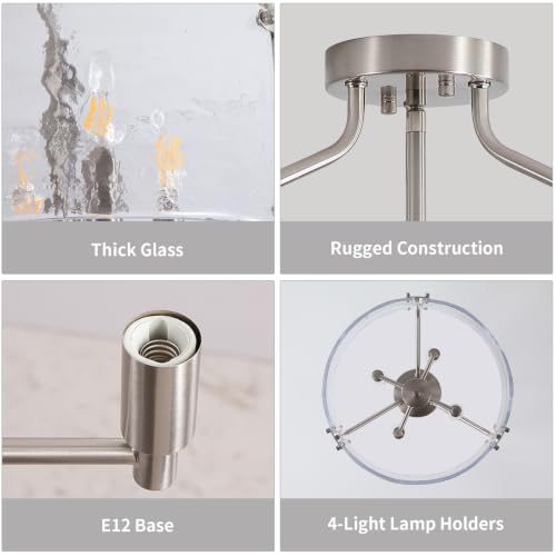 Brushed Nickel Semi Flush Mount Ceiling Light Fixture 16'' Glass Chandelier