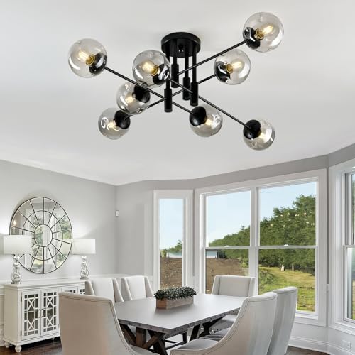 8 Light Glass Globe Ceiling Light Black Mid Century Flush Mount Sputnik Light Fixture Bubble Chandelier Living Room Farmhouse for Dining Room Kitchen Bedroom