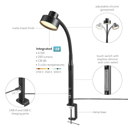 15" LED Integrated Matte Black Clamp Desk Lamp with Adjustable Silicone Gooseneck
