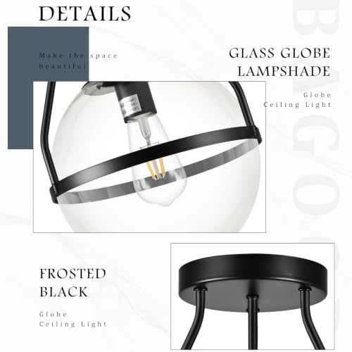 10" Mid Century Ceiling Light Modern Black Semi Flush Mount Ceiling Light with Clear Glass Shade Globe Semi Flush Mount Ceiling Light Fixture for Bedroom Hallway Bathroom Foyer