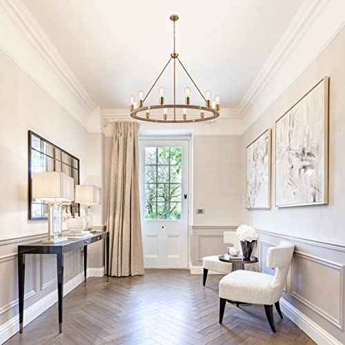 12-Lights Wagon Wheel Chandelier Bohemia Hand Woven Rattan Chandelier Farmhouse Large Pendant Light for High Ceilings Living Room Dining Room, Brass, Dia 42 Inch, UL Listed