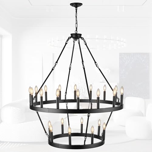 Black Large Chandeliers for High Ceilings Wagon Wheel Chandelier Kitchen Table Lighting 2 Tier 24 Lights Rustic Farmhouse 39.3 Inch for Dining Room Kitchen Island