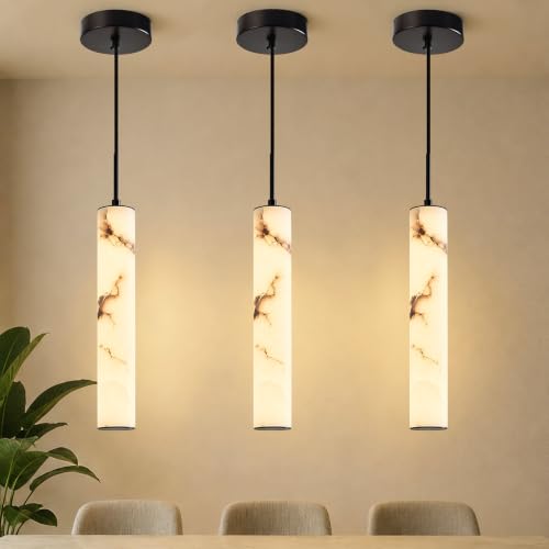 Black Natural Alabaster Long Tube Kitchen Island Pendant Lights (3 Count)