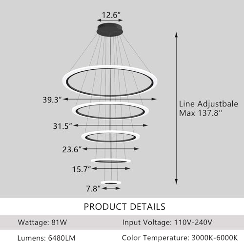 Modern LED Dimmable Chandelier 5 Ring High Ceiling Large Chandelier for Living Room Hanging Light Fixture for Foyer Staircase Black