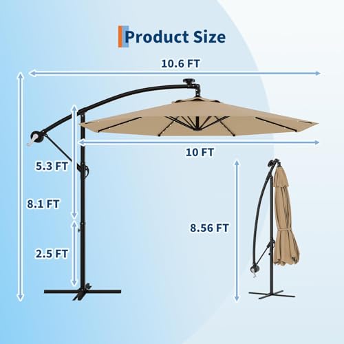 10FT Solar Lights Offset Patio Umbrella with Cross Base