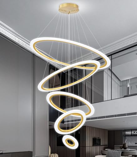 Modern LED Dimmable Chandelier 5 Ring High Ceiling Large Chandelier for Living Room Hanging Light Fixture for Foyer Staircase Gold