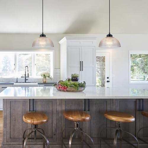 EDSILIVE Vintage Glid Glass Pendant Lights Kitchen Island 9.84" Barn Dome Clear Glass Hanging Ceiling Light Fixture with Black Finish for Dining Room Kitchen Table