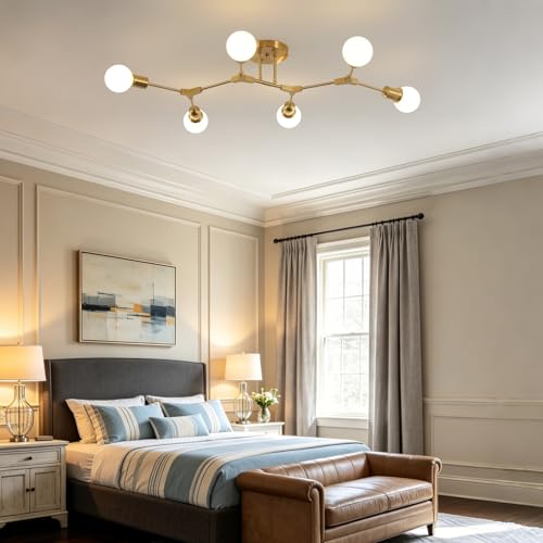 Modern Mid Century Gold Sputnik Semi Flush Mount Ceiling Light Fixture
