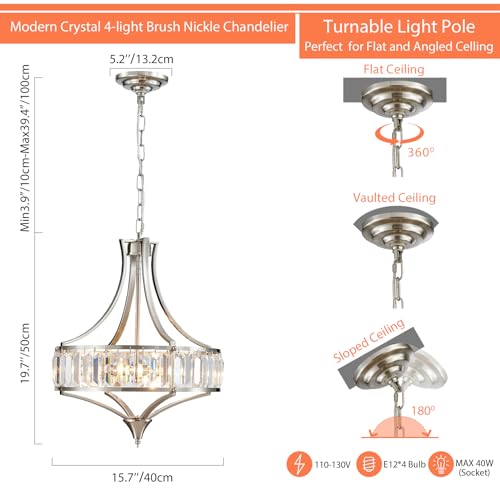 Crystal Chandeliers for Dining Room 15.7" Round Rustic Farmhouse Hanging Pendant Lighting Fixture Modern Brushed Nickel Chandelier Metal Shade 4