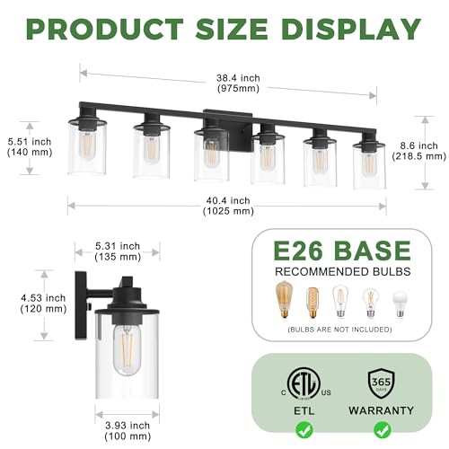6 Light Black Bathroom Vanity Light Fixture Over Mirror
