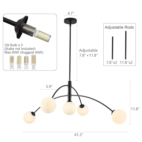 Modern Chandelier 5 Light Black Glass Globe Chandelier Mid Century Sputnik Ceiling Light Fixtures for Dining Room Kitchen Island Bedroom Living Room 41.3IN Diameter