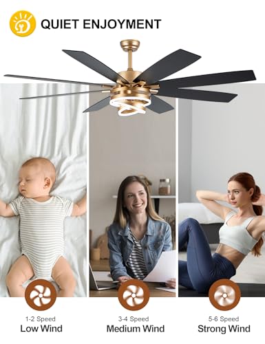 72" Gold Modern Ceiling Fans with Lights Remote