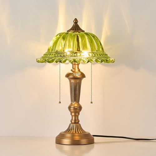 Glass Shade Table Lamp Vintage Metal Desk Lamp 2 Lights Table Light with Plug Switch for Bedroom Living Room Home Office Brass and Green