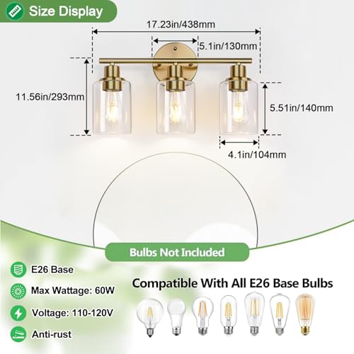 3 Light Gold Bathroom Light Fixtures