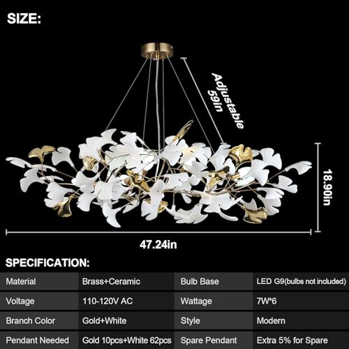 Branch Chandelier Modern Gold Ceramic Ginkgo Leaf Chandeliers L47 Inch Brass Rectangle Chandelier Large Luxury Hanging Lights Fixture for Living Room Dining Room