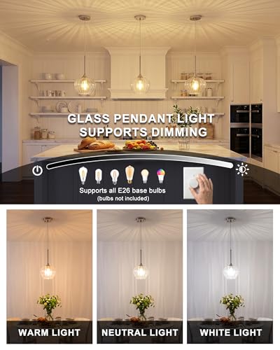 2 Pack Brushed Nickel Pendant Lights Kitchen Island with Ribbed Glass Shade (2 Count)