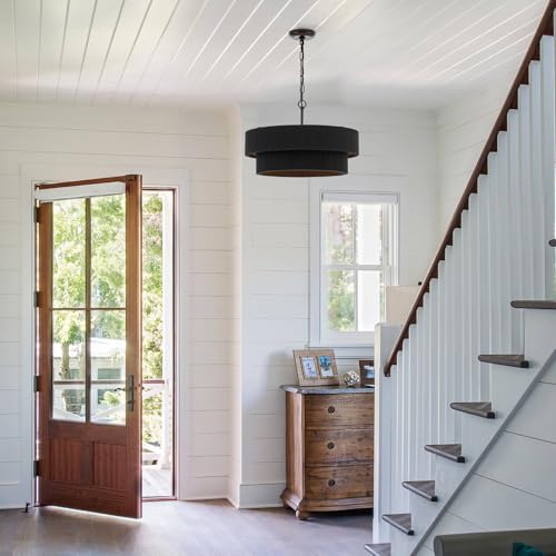 20” Black Hand Woven Rattan Chandelier Boho Pendant Light Adjustable Modern Pendant Light for Kitchen Island Dining Living Room
