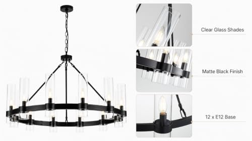 38 Inch Black Wagon Wheel Chandelier with Glass Shade