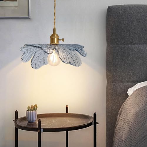 Vintage Glass Pendant Light Gold Brushed Brass Hanging Light with Blue Flower Glass Shade
