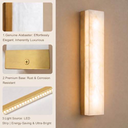 Alabaster Wall Sconce 17.7” Natural Marble Wall Lighting Fixture for Home Decor