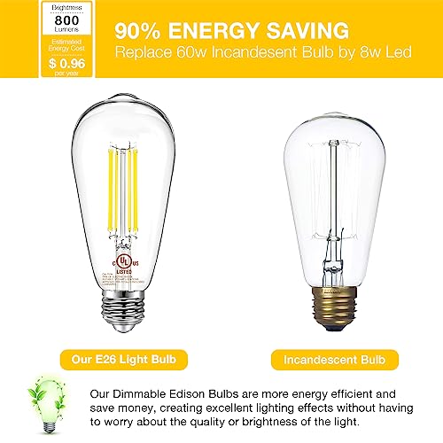 8 Pack Vintage LED Edison BulbsE26 Led Bulb 60W EquivalentDimmable Led Light BulbsHigh Brightness 800 LM Daylight 5000KST58 Antique LED Filament BulbsClear Glass Style for Home ADSND8US1 (8 Count)