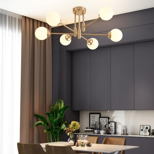Gold Sputnik Ceiling Light Fixture 6 Light with Milk White Glass Shade