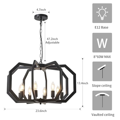 8 Black Light Farmhouse Chandelier Dining Room Light Fixture Geometric Modern Rustic Hanging Pendant Light for Living Room