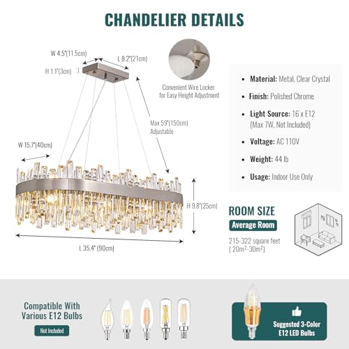 35.4'' Modern Rectangle Crystal Raindrop Chandelier for Dining Room