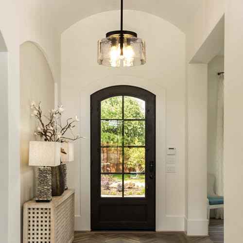 Glass Drum Chandelier for Dining Room, 3-Light Black Modern Chandelier Farmhouse Lights Kitchen Lighting Fixtures Over Table for Foyer Entryway Hallway Laundry Room Bedroom Bathroom