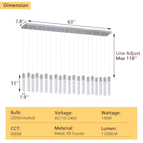 20 Lights Modern Crystal Chandeliers LED Pendant Light for Kitchen Island Dining Room Entrance Foyer Living Room Silver