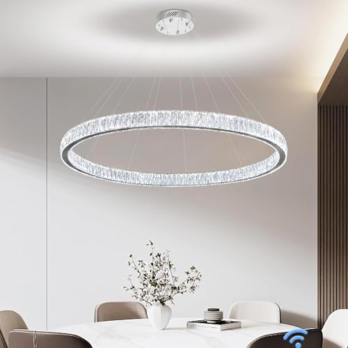Modern LED Dimmable Crystal Chandelier 47.5" Ring Pendant Light Adjustable Round Chrome Crystal Chandelier for Dining Room Living Room