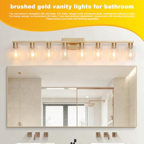 8 Light Bathroom Vanity Light Gold Bathroom Light Fixtures Brass Vanity Lights for Bathrrom 46 in Large Wall Sconce Brush Gold with Clear Glass Shade for Over Mirror