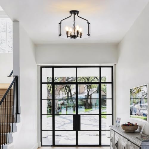 Glass Drum Black Semi Flush Mount Ceiling Light 16'' Modern Light Fixture