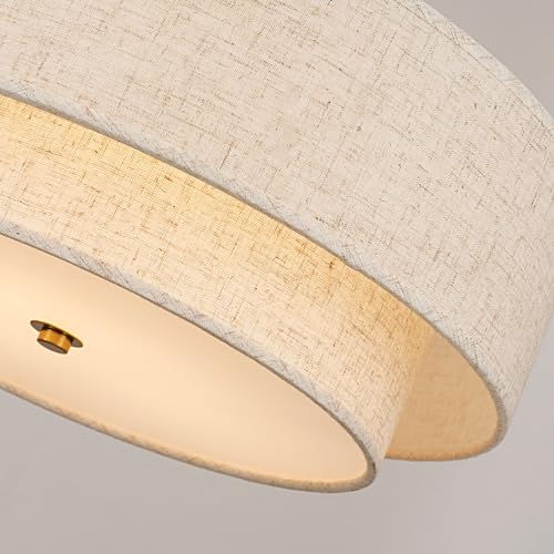 18" Semi Flush Mount Ceiling Light with Fabric Lampshade Modern Drum Ceiling Lamp Gold Ceiling Light Fixture for Dining Room Kitchen Bedroom Living Room