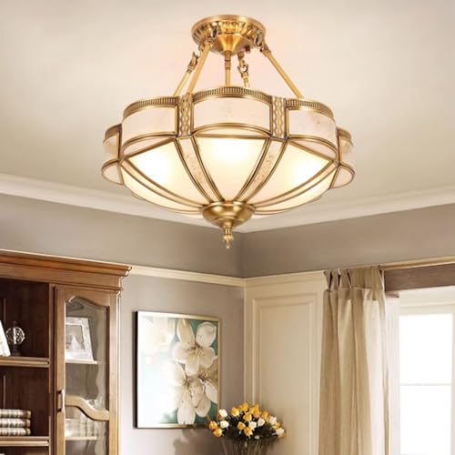 Brass Semi Flush Mount Ceiling Light Fixture with Ceramic Light Socket