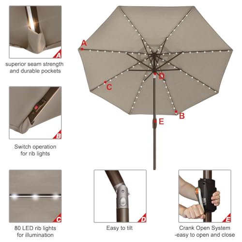 USA 10-Year-Non-Fading 9ft Market Patio Umbrella, Commercial Grade Table Sun Umbrella with 80 Solar LED Lights, Crank Open, Windproof & UPF 50+ UV Protection for Garden, Deck, Pool, Backyard, Mushroom