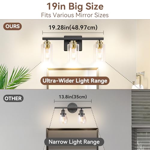 19" Black & Gold Modern Vanity Lights Over Mirror with Clear Glass Shades
