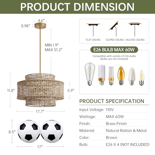 17.7" Rattan Chandelier for Dining Room