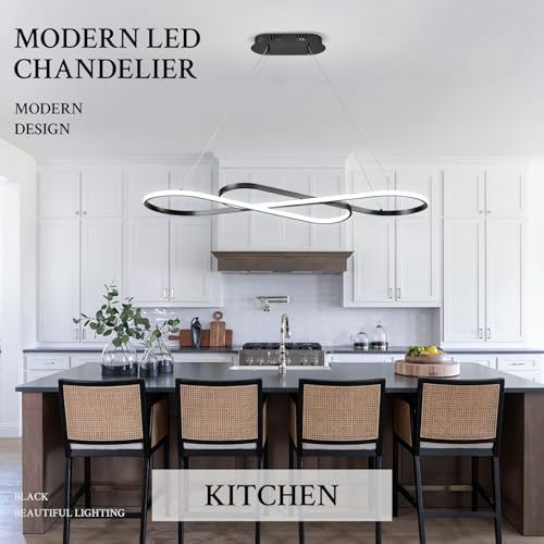 Modern LED Chandelier Black Dimmable LED Pendant Light for Dining Room Light Fixture Over Table Modern Kitchen Island Lighting High Ceiling with Remote for Living Room
